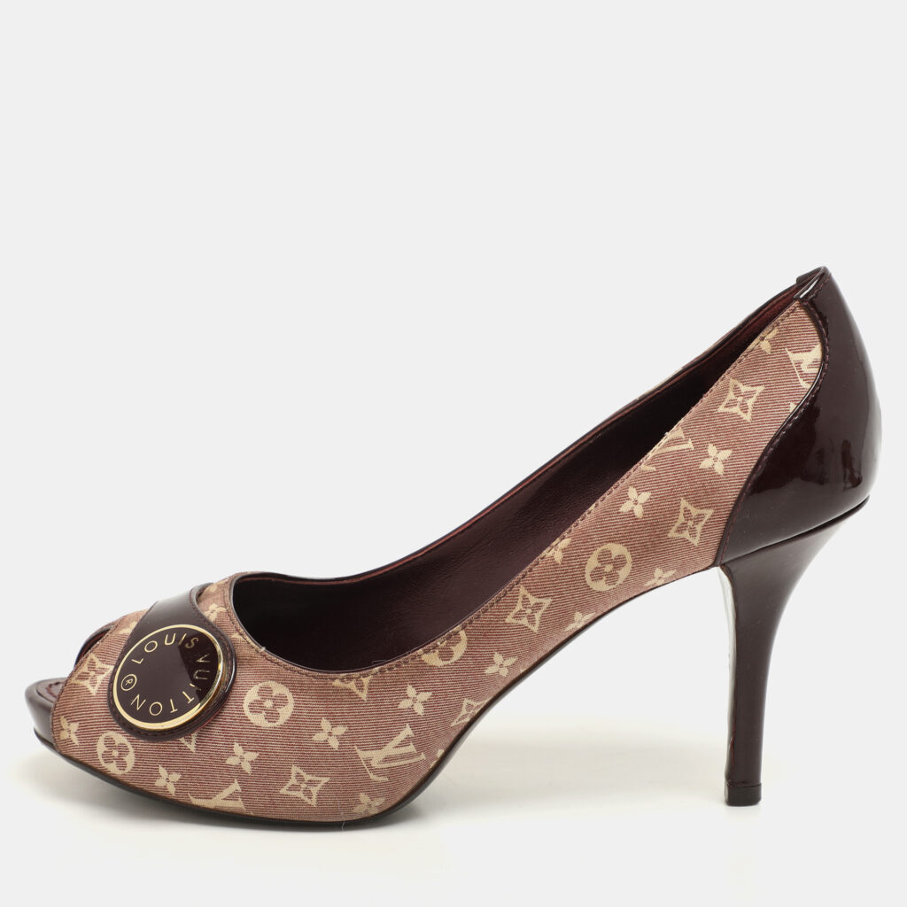 Louis Vuitton Burgundy Mini Lin Canvas and Patent Leather Peep Toe Pumps Size 36