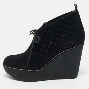 Louis Vuitton Black Monogram Suede Wedge Ankle Boots Size 38