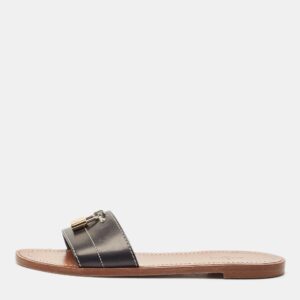 louis vuitton black leather lock it flat slide sandals size 37.5
