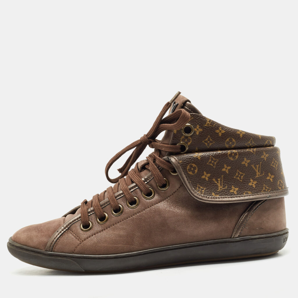 luxury-women-louis-vuitton-used-shoes-p1154430-003.jpg Louis Vuitton Brown Monogram Canvas and Suede Brea Mid Top Sneakers Size 37