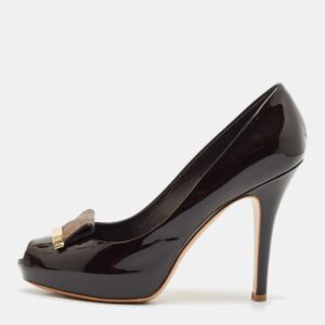 Louis Vuitton Dark Brown Patent Leather Peep Toe Platform Pumps Size 36.5
