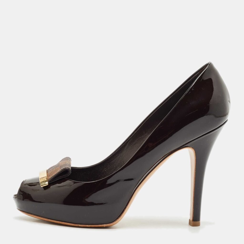 luxury-women-louis-vuitton-used-shoes-p1155290-003 Louis Vuitton Dark Brown Patent Leather Peep Toe Platform Pumps Size 36.5