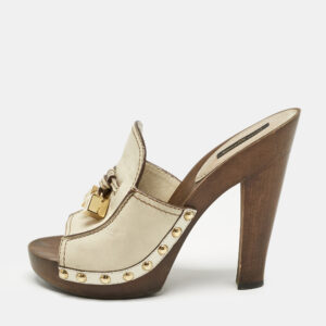 Louis Vuitton Cream Leather Logo Dice Clogs Size 37.5