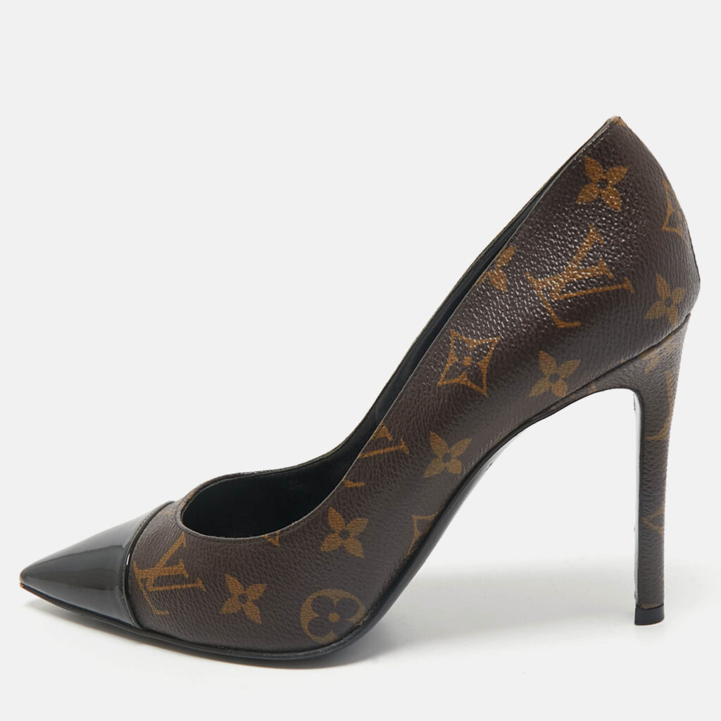 luxury-women-louis-vuitton-used-shoes-p1160159-011 Louis Vuitton Brown Coated Canvas and Patent Leather Cheri Pumps Size 39.5