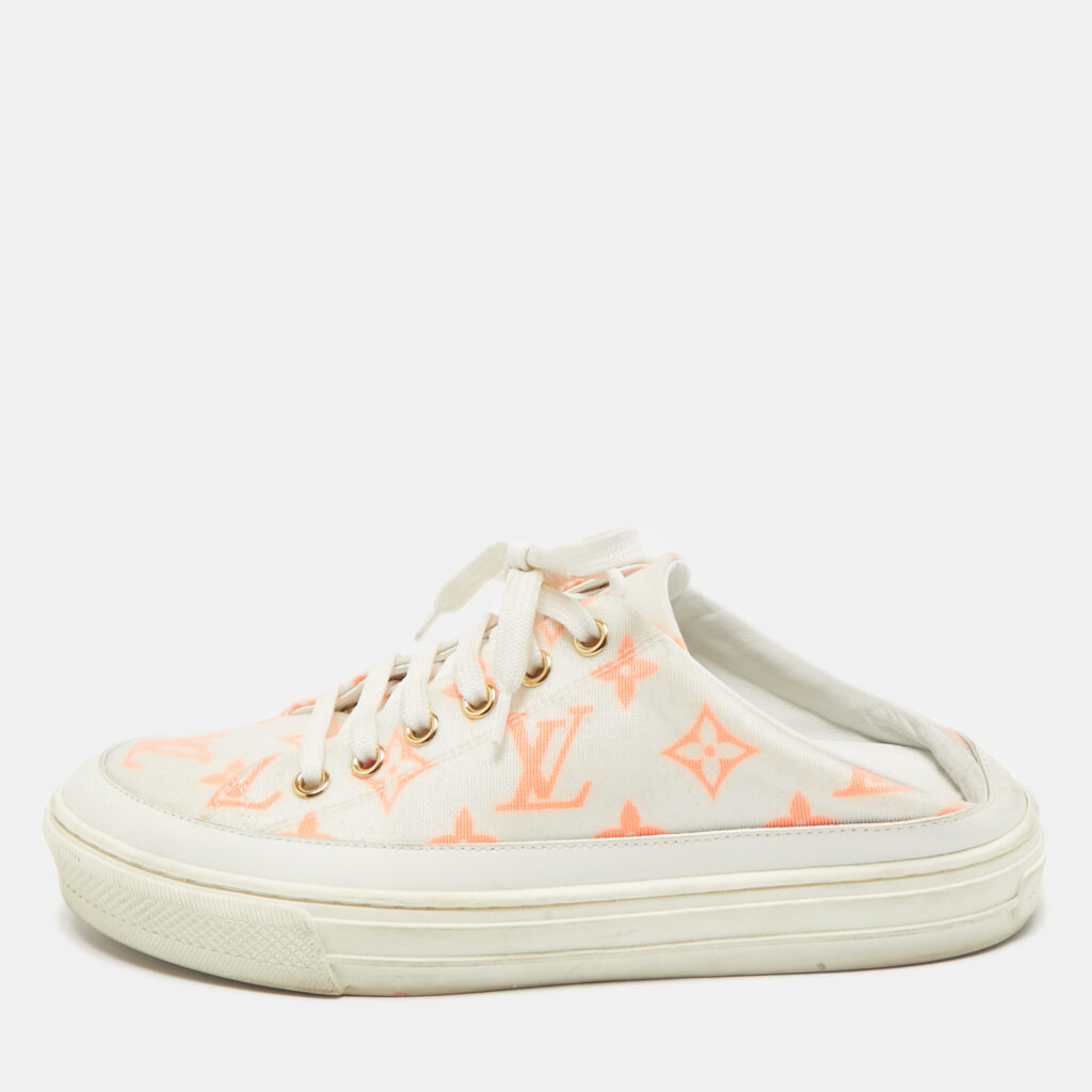 luxury-women-louis-vuitton-used-shoes-p1162838-001 Louis Vuitton White/Orange Mesh and Leather Stellar Sneaker Mules Size 36.5