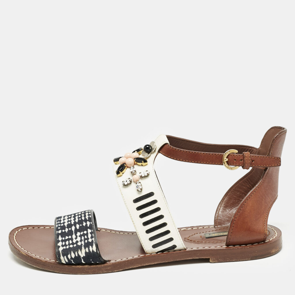 luxury-women-louis-vuitton-used-shoes-p1163172-003 Louis Vuitton Multicolor Canvas and Leather Crystal EmbellishedAnkle Strap Sandals Size 39