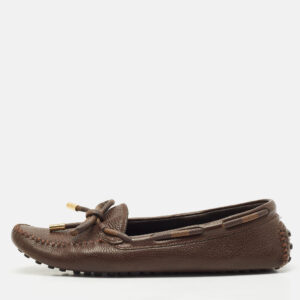 louis vuitton brown damier ebene canvas and leather arizona bow loafers size 38.5