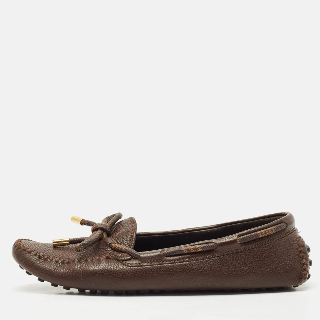 luxury-women-louis-vuitton-used-shoes-p1165077-010.jpg Louis Vuitton Brown Damier Ebene Canvas and Leather Arizona Bow Loafers Size 38.5