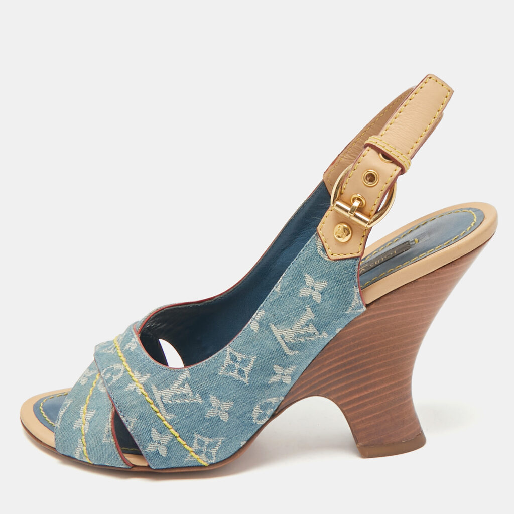 Louis Vuitton Blue Denim and Leather Slingback Sandals Size 36