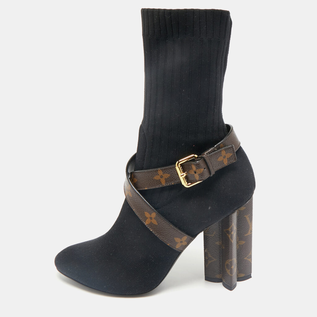luxury-women-louis-vuitton-used-shoes-p1165447-001.jpg Louis Vuitton Black/Brown Knit Fabric And Monogram Canvas Ankle Boots Size 39