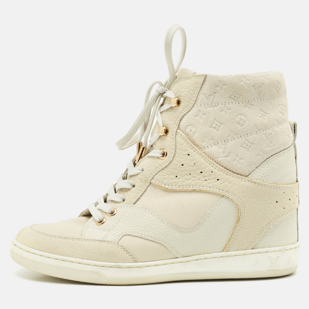 luxury-women-louis-vuitton-used-shoes-p1165690-010.jpg Louis Vuitton Beige Monogram Suede and Leather Millennium Wedge Sneakers Size 37