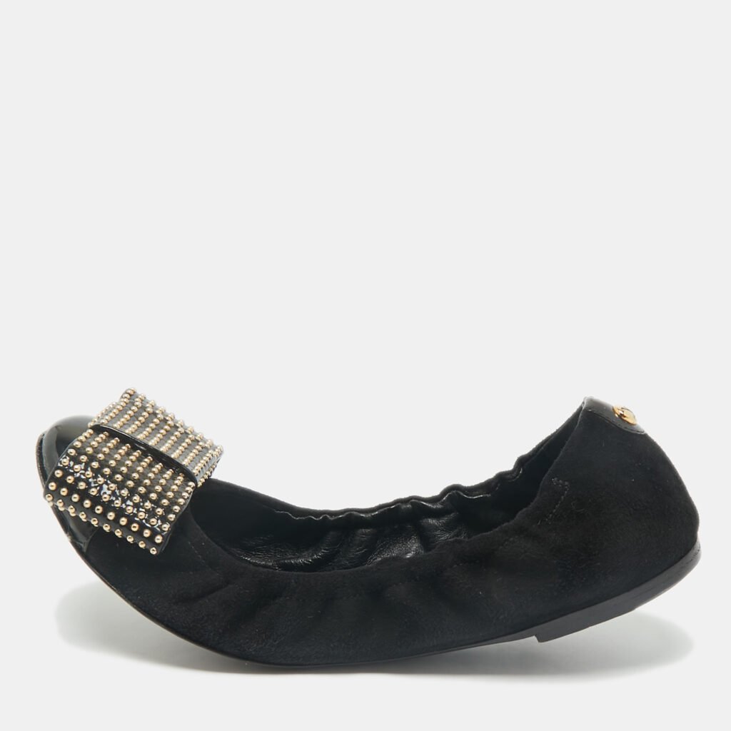 luxury-women-louis-vuitton-used-shoes-p1166609-001 Louis Vuitton Black Suede and Patent Leather Mimi Studded Bow Scrunch Ballet Flats Size 37
