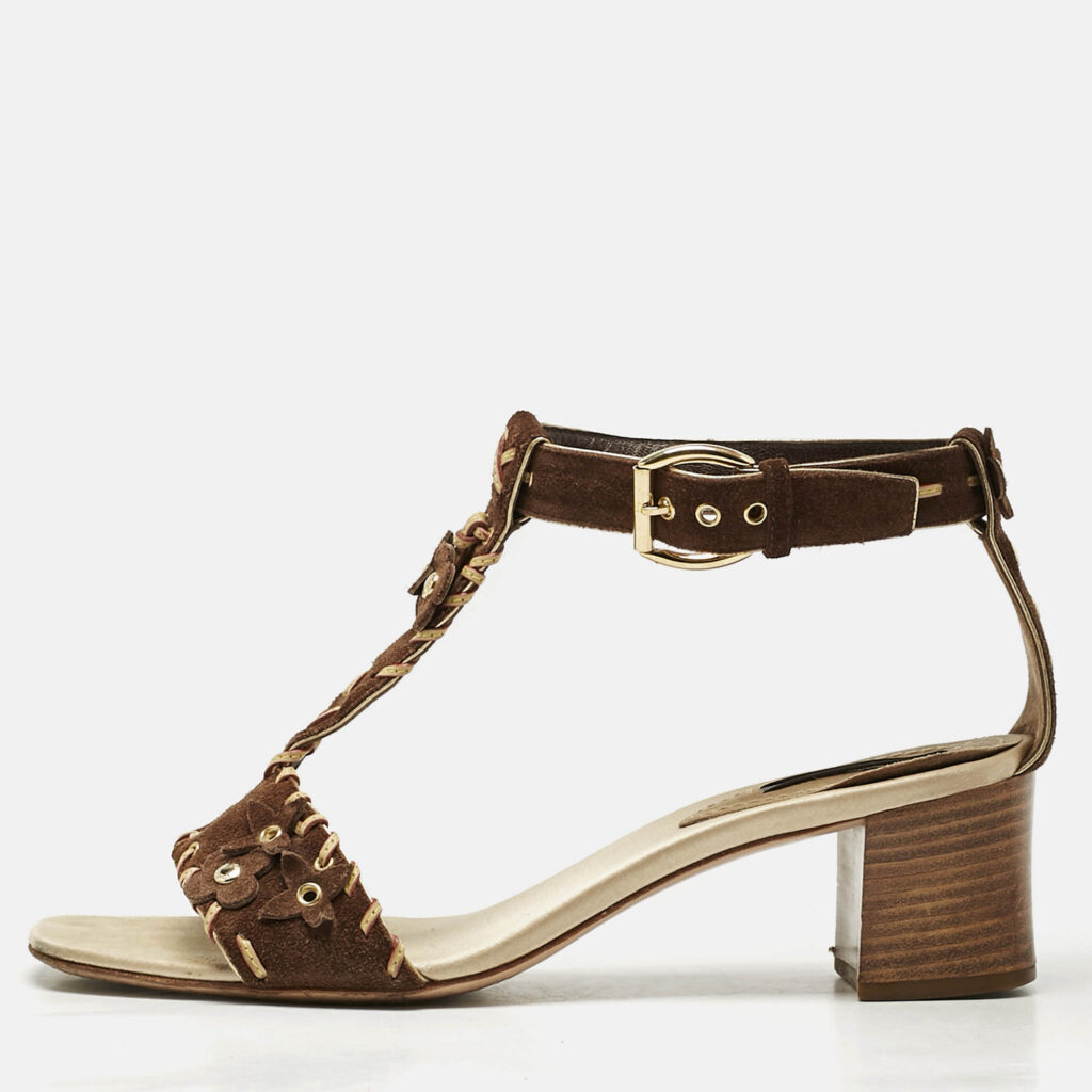 luxury-women-louis-vuitton-used-shoes-p1169781-010 Louis Vuitton Brown Suede T-Strap Sandals Size 39