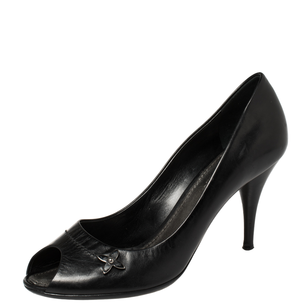 luxury-women-louis-vuitton-used-shoes-p374950-007 Louis Vuitton Black Leather Peep Toe Pumps Size 38.5