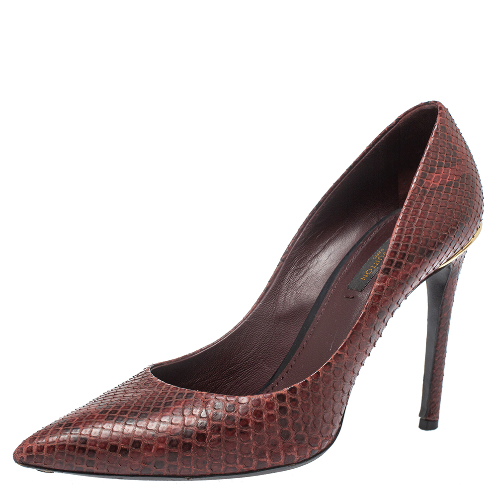 luxury-women-louis-vuitton-used-shoes-p386999-005 Louis Vuitton Burgundy Python Leather Slip On Pumps Size 37.5