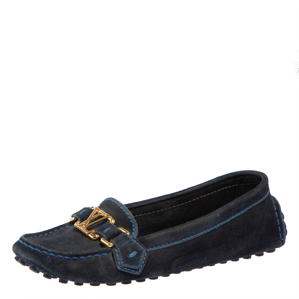 Louis Vuitton Blue Suede Logo Slip On Loafers Size 36.5