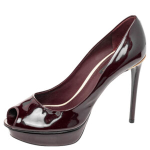 Louis Vuitton Burgundy Patent Leather Eyeline Peep Toe Platform Pumps Size 39