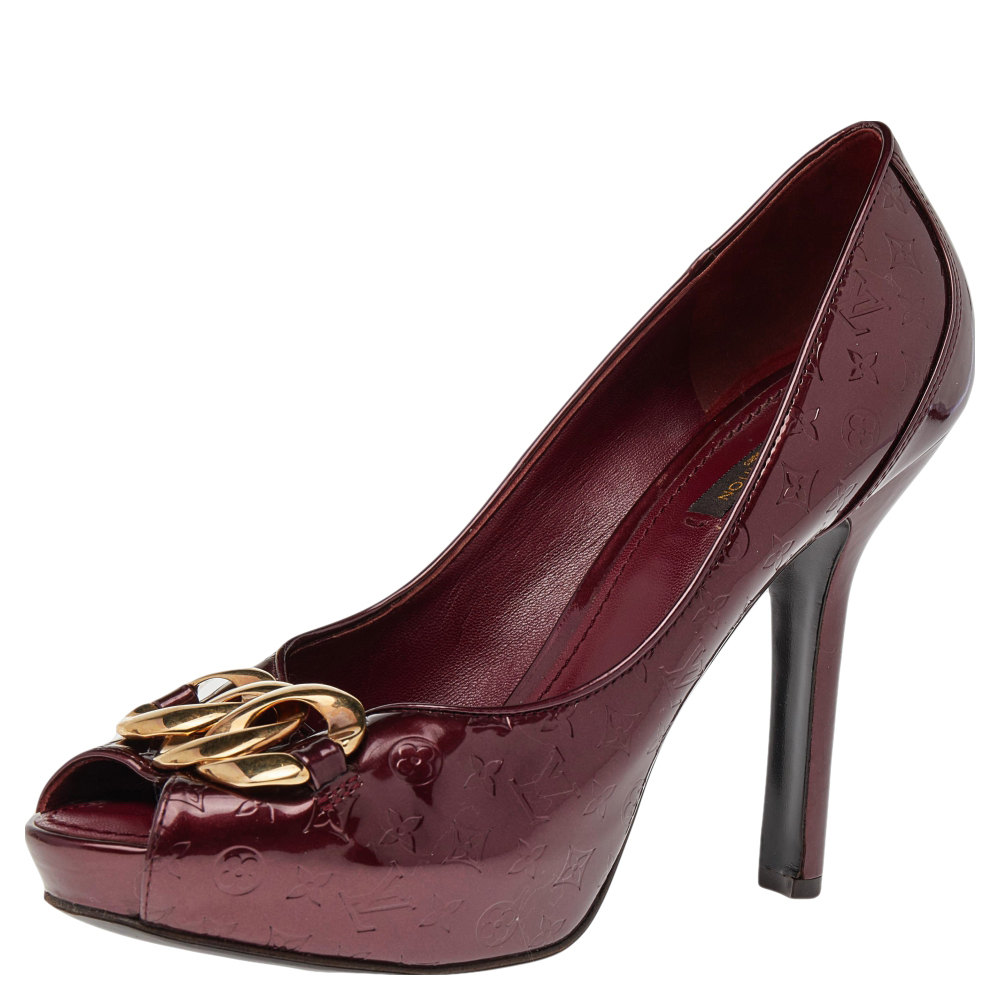 luxury-women-louis-vuitton-used-shoes-p489242-006 Louis Vuitton Burgundy Monogram Patent Leather Chain Detail Peep Toe Platform Pumps Size 40