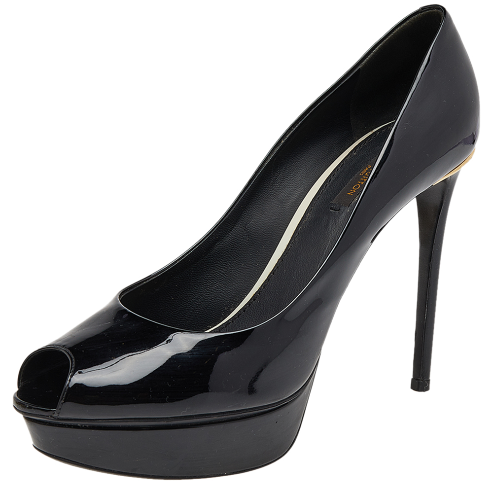 luxury-women-louis-vuitton-used-shoes-p495945-001 Louis Vuitton Black Patent Leather Eyeline Peep Toe Platform Pumps Size 39