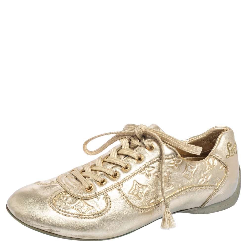 luxury-women-louis-vuitton-used-shoes-p498417-009 Louis Vuitton Metallic Gold Monogram Embossed Leather Trainers Sneakers Size 36