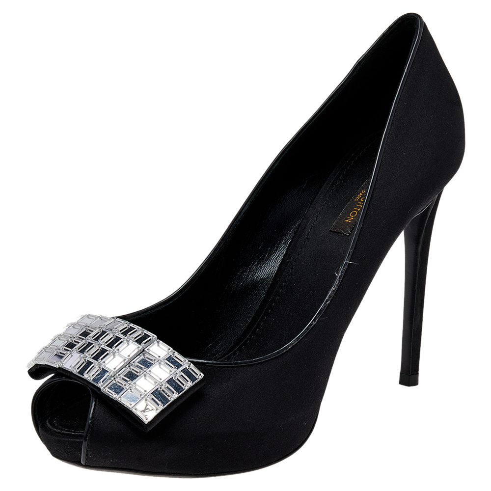 luxury-women-louis-vuitton-used-shoes-p499955-006 Louis Vuitton Black Satin Embellished Peep Toe Pumps Size 39