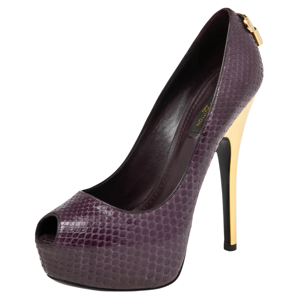 luxury-women-louis-vuitton-used-shoes-p514550-005-2 Louis Vuitton Purple Python Oh Really! Peep Toe Platform Pumps Size 36.5