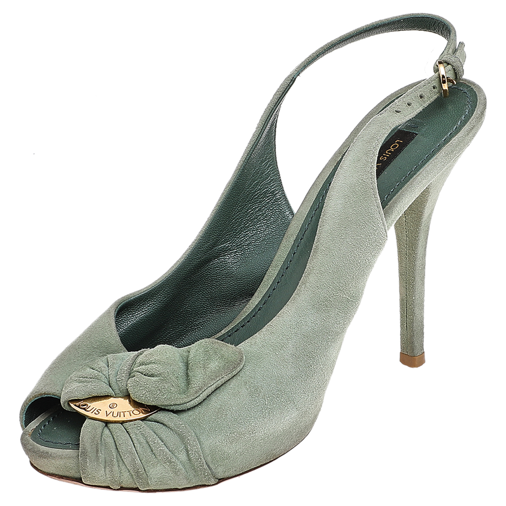 luxury-women-louis-vuitton-used-shoes-p519276-007-2 Louis Vuitton Green Suede Bow Slingback Sandals Size 36