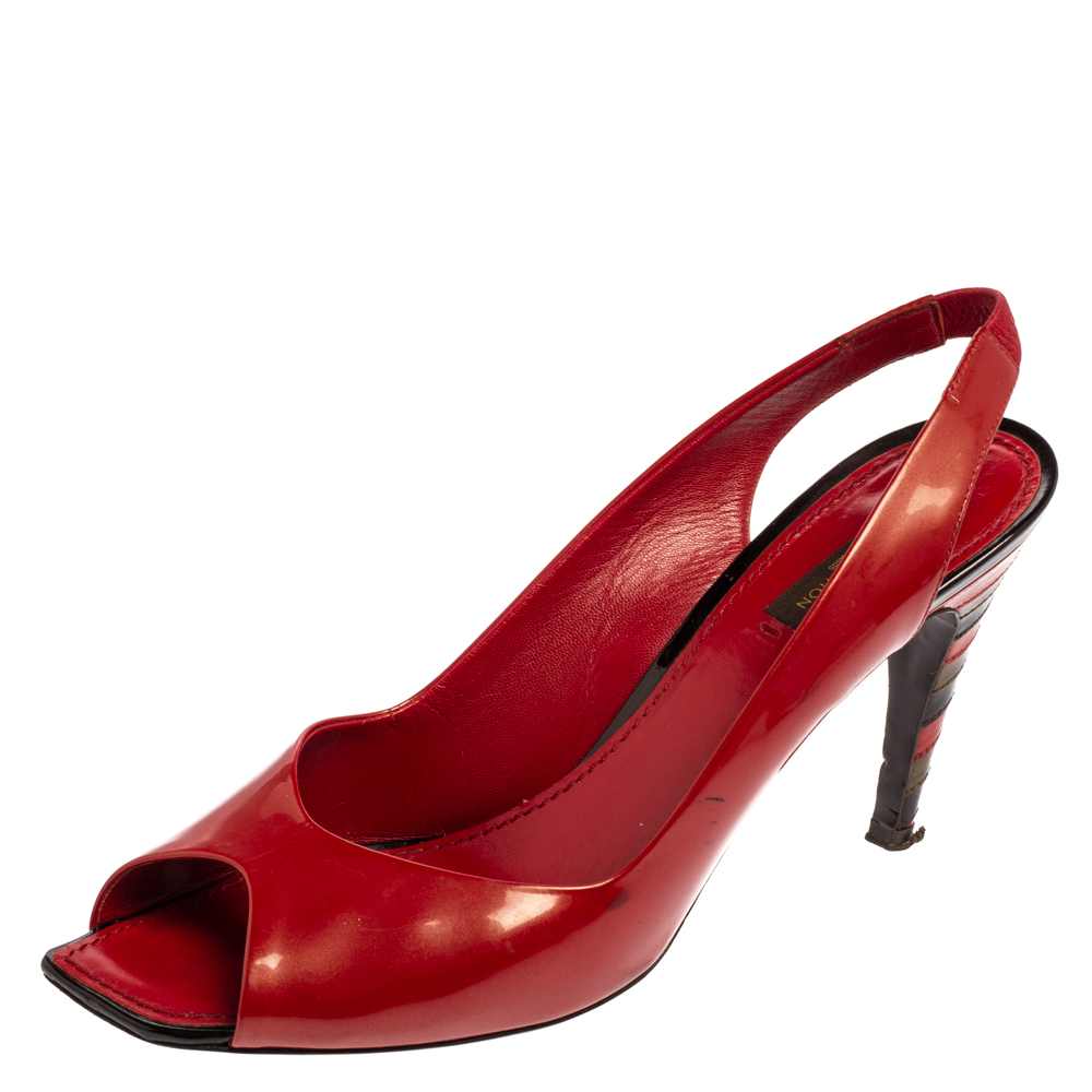 luxury-women-louis-vuitton-used-shoes-p521289-001-2 Louis Vuitton Red Patent Leather Peep Toe Sandals Size 40.5