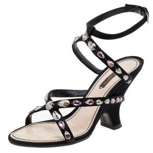 Louis Vuitton Black Satin Crystal Embellished Ankle Strap Sandals Size 39