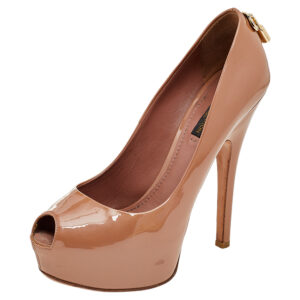 Louis Vuitton Dark Beige Patent Leather Oh Really! Peep Toe Platform Pumps Size 37.5