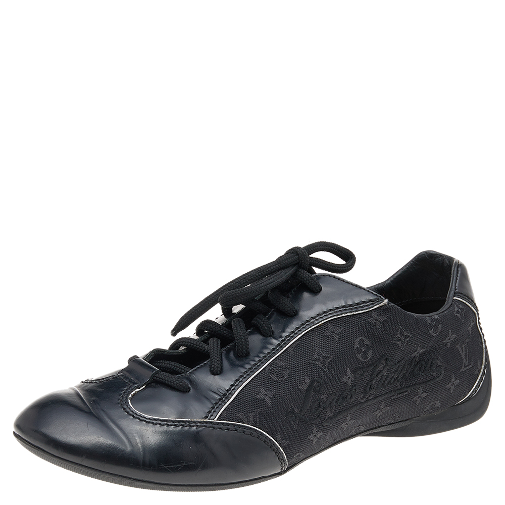 luxury-women-louis-vuitton-used-shoes-p569241-009-1 Louis Vuitton Black Leather and Monogram Canvas Low Top Sneakers Size 38