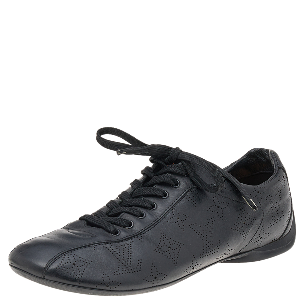 luxury-women-louis-vuitton-used-shoes-p569279-002-1 Louis Vuitton Black Monogram Perforated Leather Low Top Sneakers Size 38.5