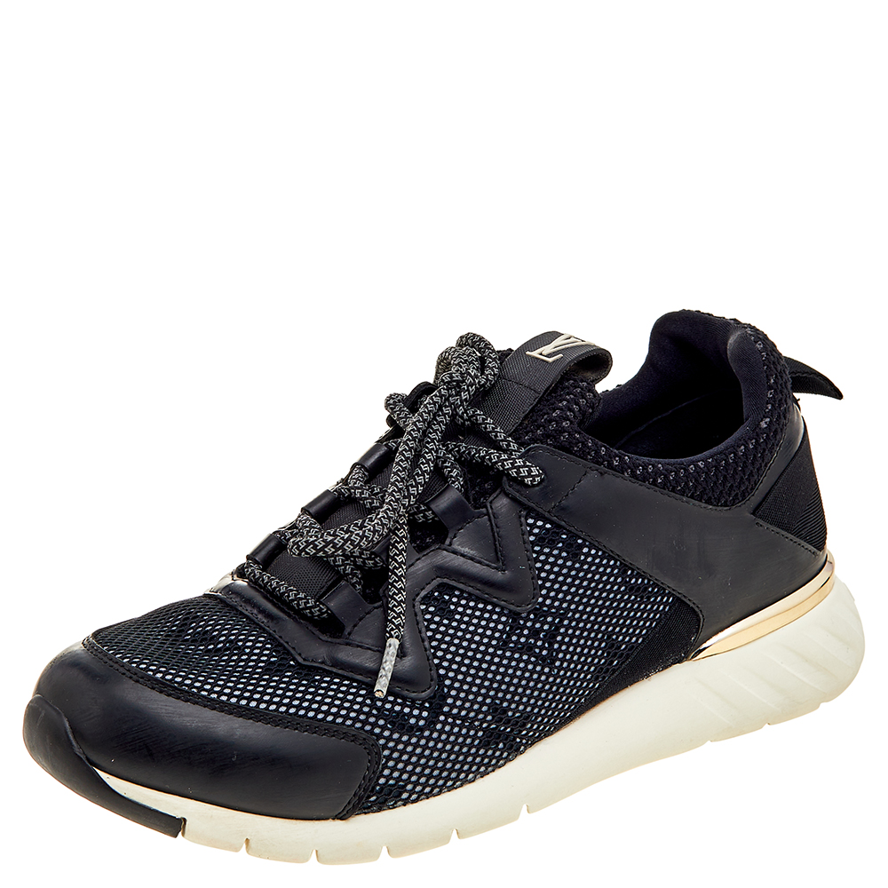 luxury-women-louis-vuitton-used-shoes-p569845-006-1 Louis Vuitton Black Leather And Mesh Low Top Sneakers Size 37