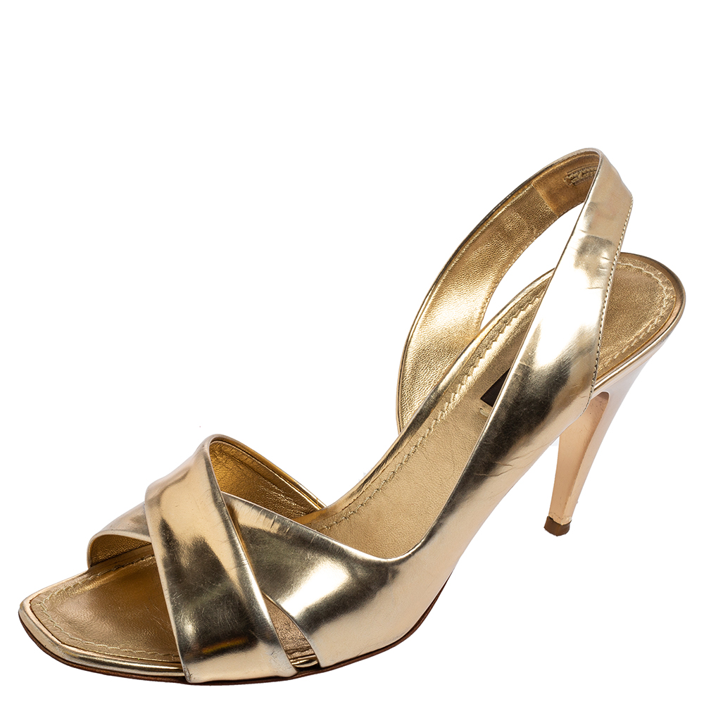 luxury-women-louis-vuitton-used-shoes-p570679-004-1 Louis Vuitton Gold Leather Barbara Criss Cross Slingback Sandals Size 37.5
