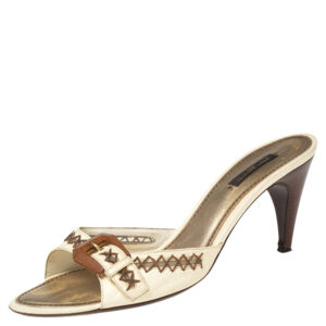 Louis Vuitton Cream Leather Buckle and Whip Stitch Detail Slide Sandals Size 41