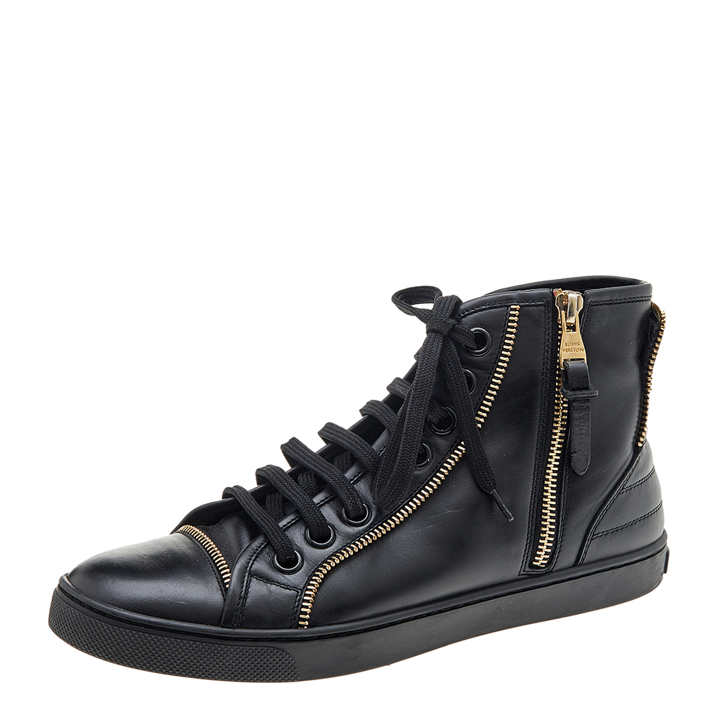 luxury-women-louis-vuitton-used-shoes-p611158-006-2 Louis Vuitton Black Leather Zip Detail High Top Sneakers Size 36.5