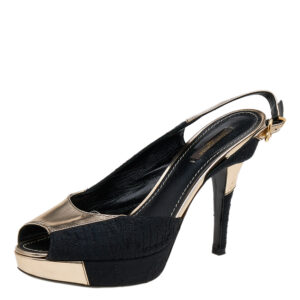 Louis Vuitton Black/Gold Satin And Leather Motard Piccadilly Slingback Sandals Size 38