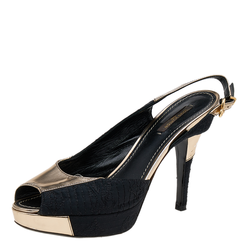 luxury-women-louis-vuitton-used-shoes-p616139-005-2 Louis Vuitton Black/Gold Satin And Leather Motard Piccadilly Slingback Sandals Size 38