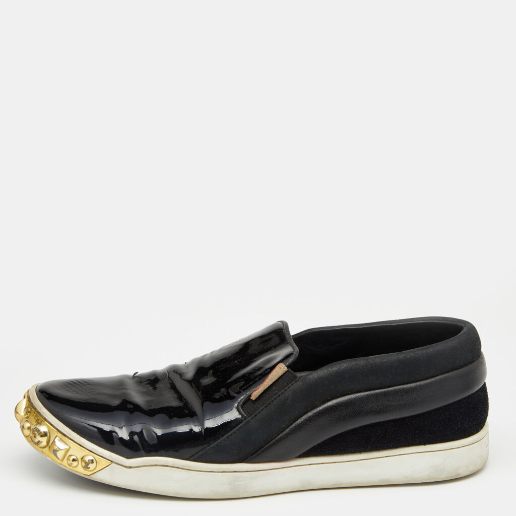 Louis Vuitton Black Patent Leather and Suede Studded Slip On Sneakers Size 38