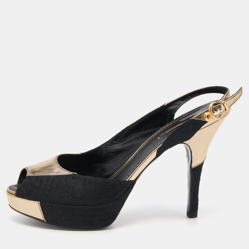 luxury-women-louis-vuitton-used-shoes-p639825-003-2 Louis Vuitton Black/Gold Leather And Fabric Ankle Strap Platform Sandals Size 37.5
