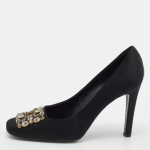 Louis Vuitton Black Satin Crystal Embellished Square Toe Pumps Size 39.5