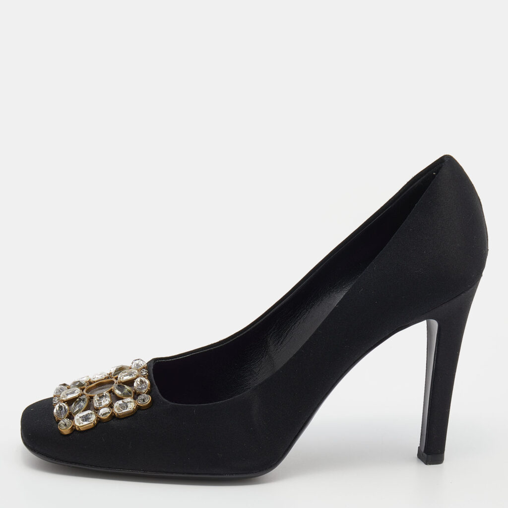 luxury-women-louis-vuitton-used-shoes-p641494-002-2 Louis Vuitton Black Satin Crystal Embellished Square Toe Pumps Size 39.5