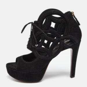 Louis Vuitton Black Suede Cutout Monogram Lace Up Platform Sandals Size 37.5