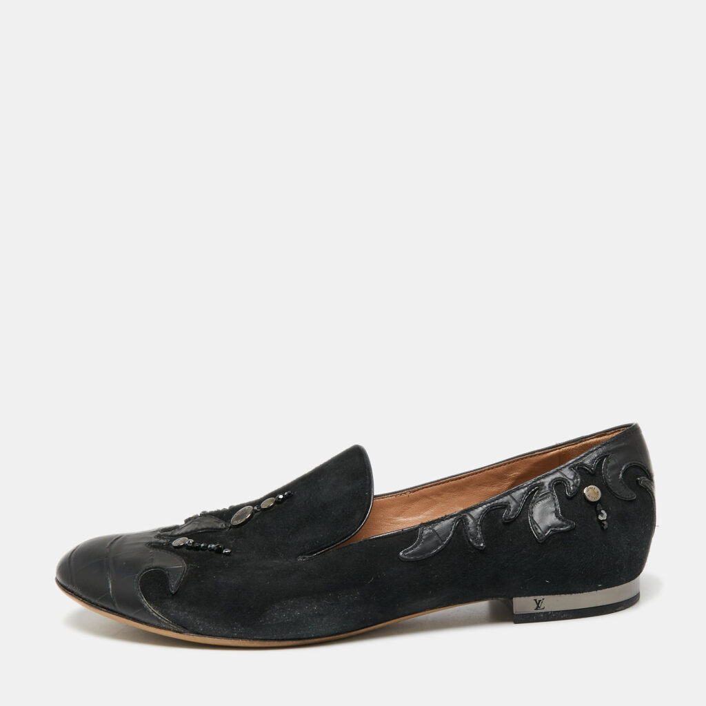 luxury-women-louis-vuitton-used-shoes-p651424-001 Louis Vuitton Black Beaded Suede And Crocodile Cap Toe Smoking Slippers Size 38