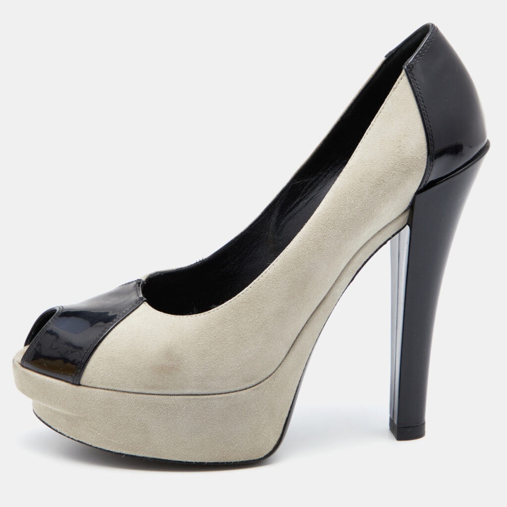 luxury-women-louis-vuitton-used-shoes-p654839-010-1 Louis Vuitton Grey/Black Suede And Patent Leather Peep Toe Platform Pumps Size 37