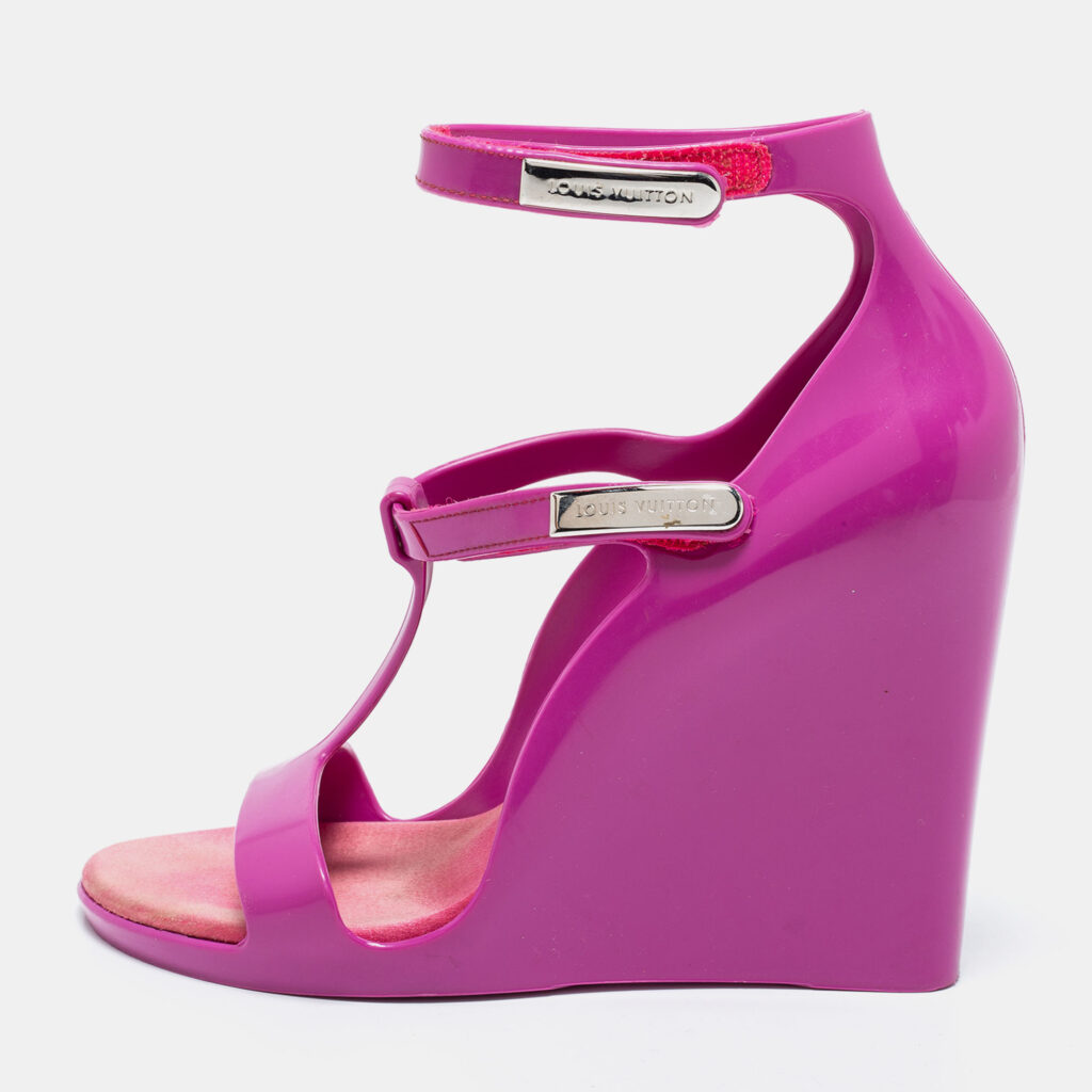 luxury-women-louis-vuitton-used-shoes-p699770-009-1 Louis Vuitton Purple Rubber Ankle-Strap Wedge Sandals Size 37