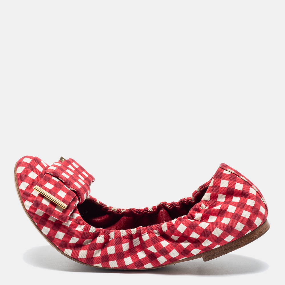luxury-women-louis-vuitton-used-shoes-p720446-001 Louis Vuitton Red/White Fabric Scrunch Bow Ballet Flats Size 37.5