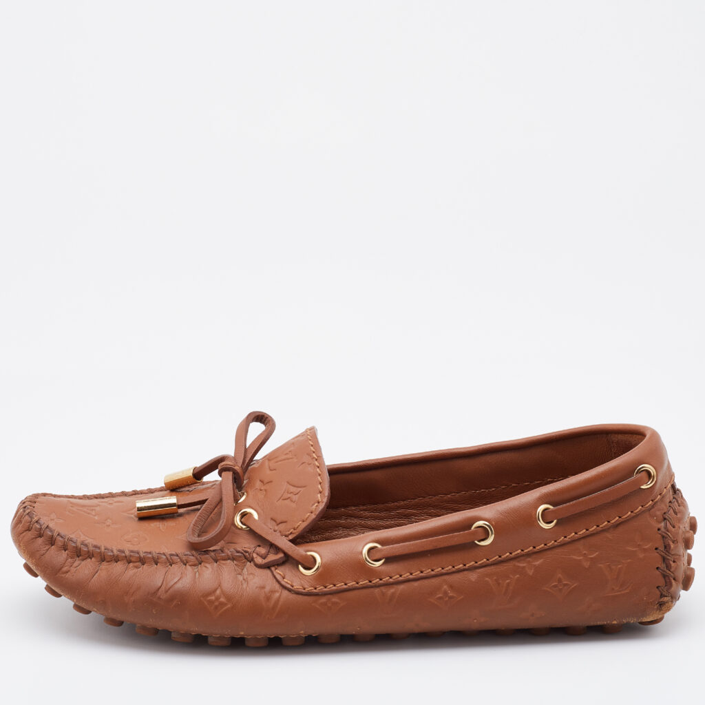 luxury-women-louis-vuitton-used-shoes-p728461-005 Louis Vuitton Brown Monogram Empreinte Leather Gloria Loafers Size 36