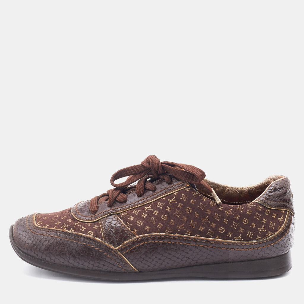 luxury-women-louis-vuitton-used-shoes-p731483-008 Louis Vuitton Monogram Fabric and Python Embossed Leather Low Top Sneakers Size 37