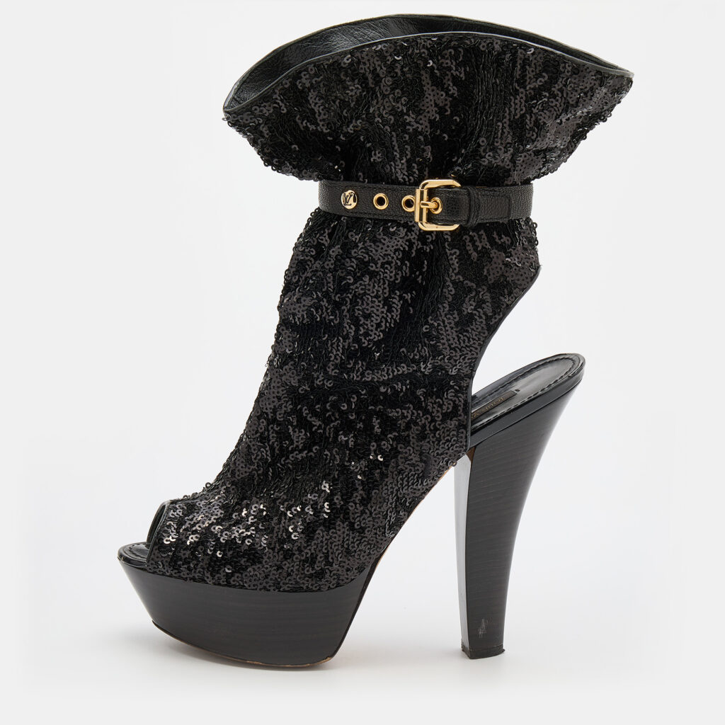 luxury-women-louis-vuitton-used-shoes-p735235-002 Louis Vuitton Black Sequins and Leather Mid Calf Platform Boots Size 39.5